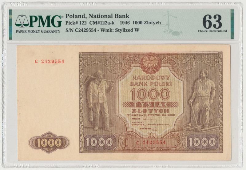 1.000 złotych 1946 - C (Mił.122b) Niezbyt świeża prezencja z lekkimi przybrudzen...