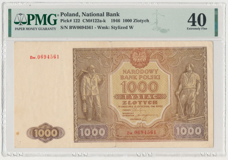 1.000 złotych 1946 - Bw. - seria zastępcza Mocny ślad złożenia centralnego i pla...