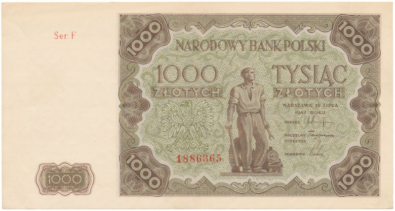 1.000 złotych 1947 - mała litera Złamanie pionowe centralnie. Częściowe przeżółc...