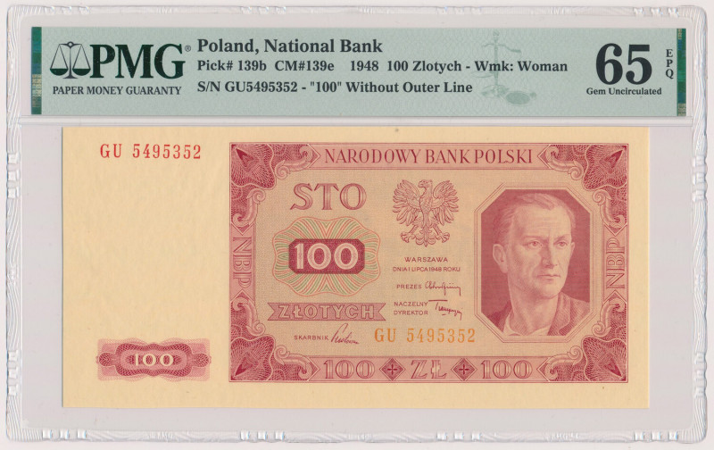 100 złotych 1948 - GU - bez ramki Charakterystyczna odmiana bez ramki wokół cent...