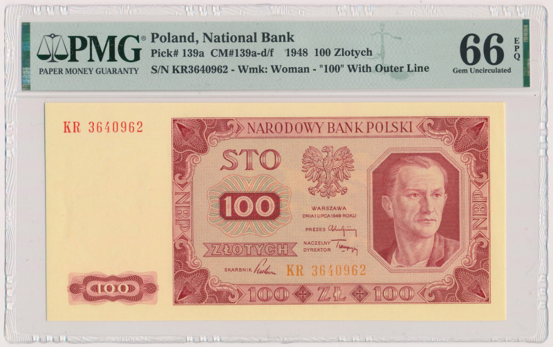 100 złotych 1948 - KR Reference: Miłczak 139ff
Grade: PMG 66 EPQ 

POLAND POL...