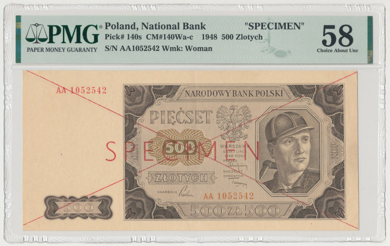 500 złotych 1948 - SPECIMEN - AA Lekki ślad złamania pionowego centralnie i niez...
