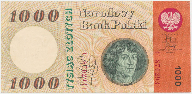 1.000 złotych 1965 - C Zgięcie pionowe centralnie i dwa lżejsze poboczne.&nbsp; ...