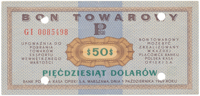 PEWEX 50 dolarów 1969 - GI - skasowany Ukośne złamanie pionowe w okolicy centrum...