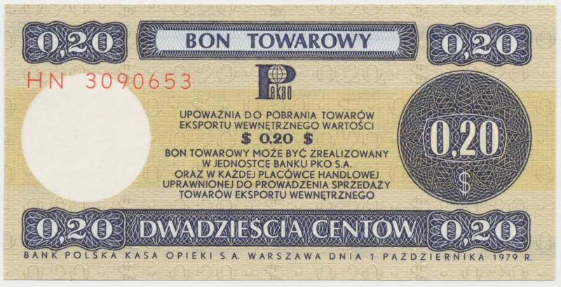 PEWEX 20 centów 1979 - mały - HN Reference: Miłczak B28b
Grade: UNC 

POLAND ...
