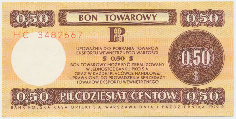 PEWEX 50 centów 1979 - mały - HC Produkcyjna zmarszczka w papierze i niewielkie ...