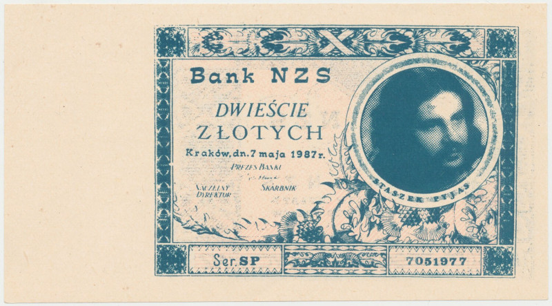 Solidarność, 200 złotych 1987 Staszek Pyjas 
Grade: AU 

POLAND POLEN