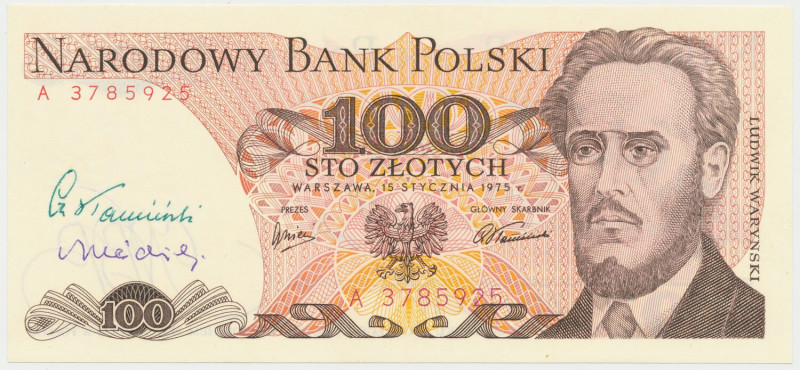 100 złotych 1975 - z autografami Cz. Kamińskiego i A. Heidricha Unikatowa pozycj...