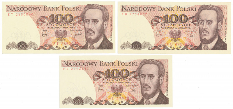 100 zł 1976-ET, 1979-FU i 1982-HL (3szt) Formularz pomocny przy zbieraniu bankno...