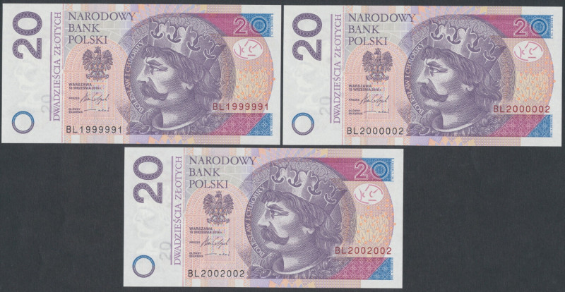 20 zł 2016 - ładne numery radarowe spójnego typu (3szt) 
Grade: UNC 

POLAND ...