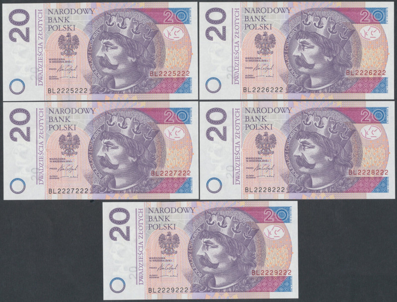 20 zł 2016 - numery radarowe typu 222x222 (5szt) 
Grade: UNC 

POLAND POLEN