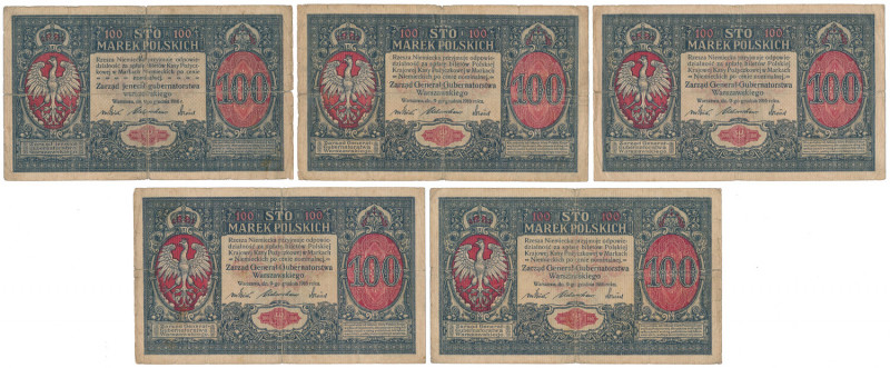 Jenerał / Generał 100 mkp 1916 - zestaw (5szt) Zestaw obiegowych 100 mkp, w tym ...