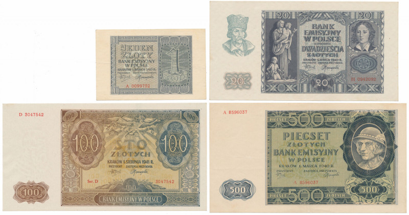 Zestaw banknotów 1 - 500 złotych 1940-1941 (4szt) 1 zł st.3+; 20 zł st.2; 100 zł...