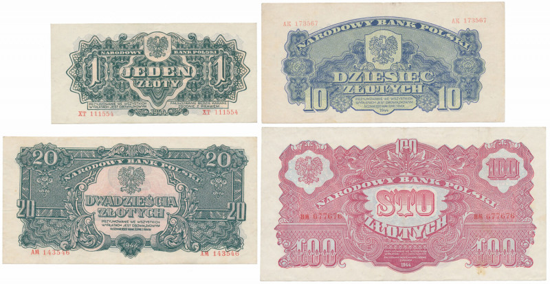 Zestaw banknotów 1 - 100 złotych 1944 (4szt) 1 zł st.2 10 zł st.3, po oczyszczen...