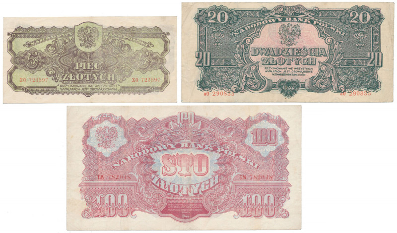 Zestaw banknotów 5, 20 i 100 złotych 1944 (3szt) 5 zł st.~3+ 20 zł st.3 100 zł s...