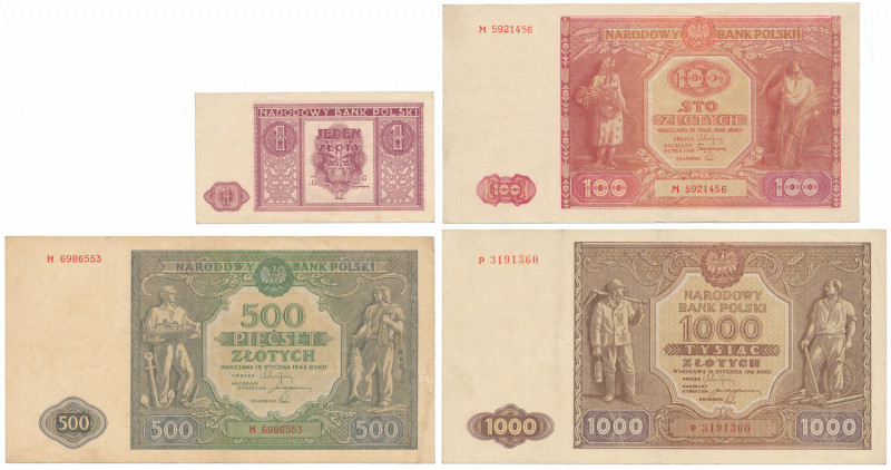 1, 100 - 1.000 złotych 1946 (4szt) 1 zł st.2+, naturalny; 100 zł st.3+, po lekki...