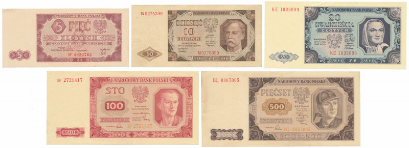 5 - 500 złotych 1948 (5szt) 5 zł st.3+ 10 zł st.3+ 20 zł st.1-/2+ 100 zł st.2 50...