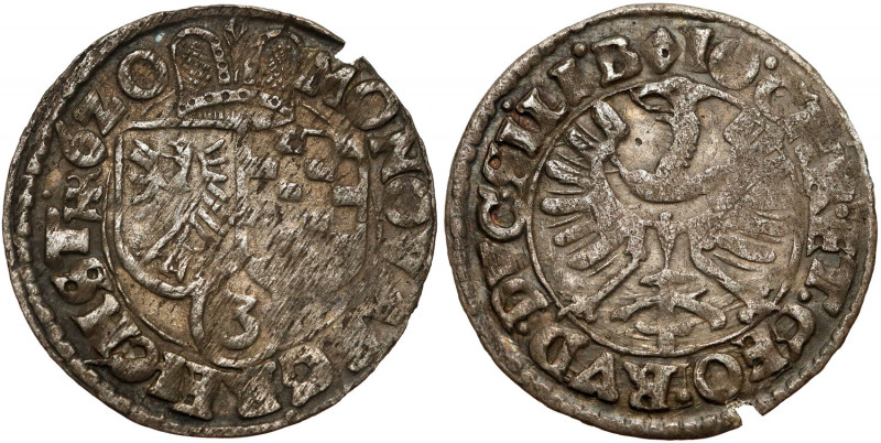 Śląsk, Jan Chrystian i Jerzy Rudolf, 3 krajcary 1620, Złoty Stok Odmiana z monog...