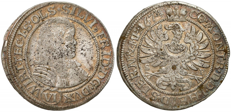 Śląsk, Sylwiusz Fryderyk, 6 krajcarów 1674 SP, Oleśnica Bardzo ładnej prezencji ...