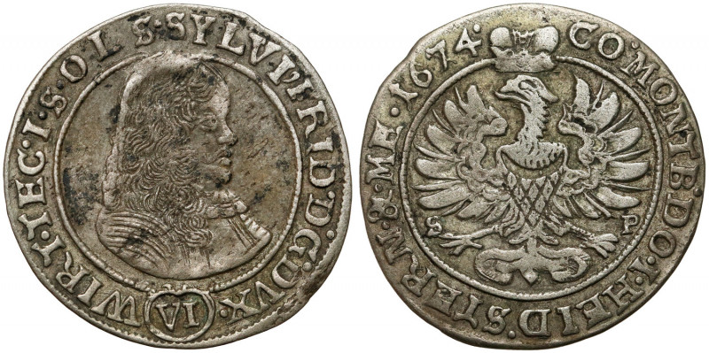 Śląsk, Sylwiusz Fryderyk, 6 krajcarów 1674 SP, Oleśnica Odmiana z węższym popier...