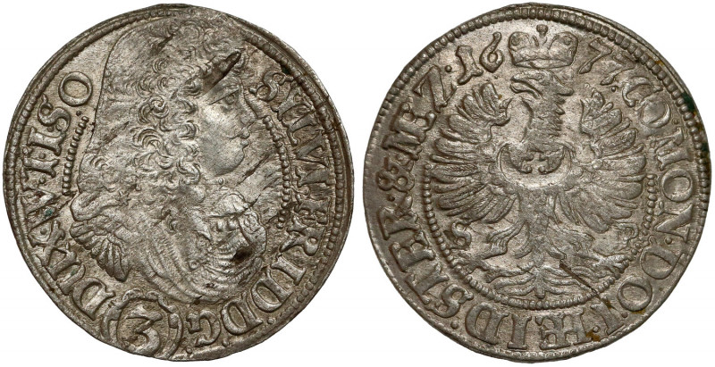 Śląsk, Sylwiusz Fryderyk, 3 krajcary 1677 SP, Oleśnica Ładnej prezencji moneta. ...