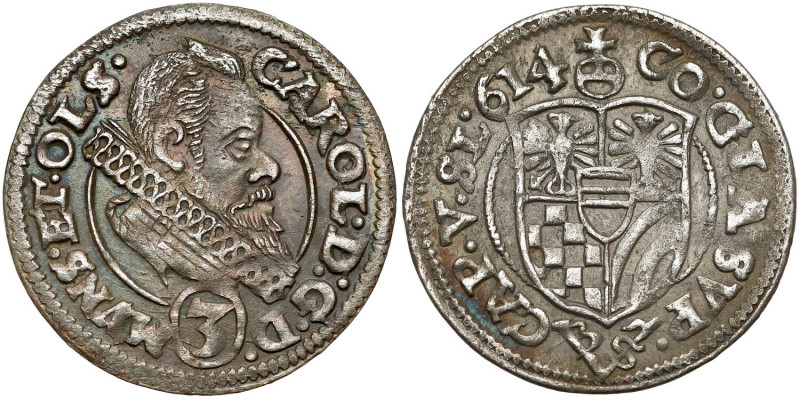 Śląsk, Karol II, 3 krajcary 1614, Oleśnica Odmiana ze znakiem menniczy BS na hak...