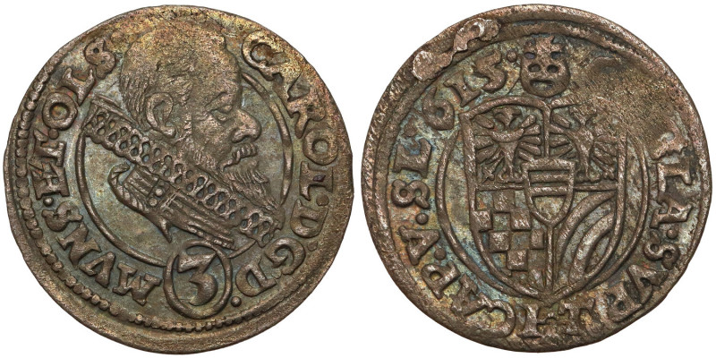 Śląsk, Karol II, 3 krajcary 1615 HT, Oleśnica Odmiana z tarczą bez wcięcia i leg...