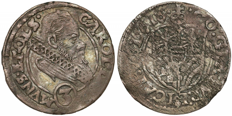 Śląsk, Karol II, 3 krajcary 1616, Oleśnica Odmiana z tarczą bez wcięcia i legend...