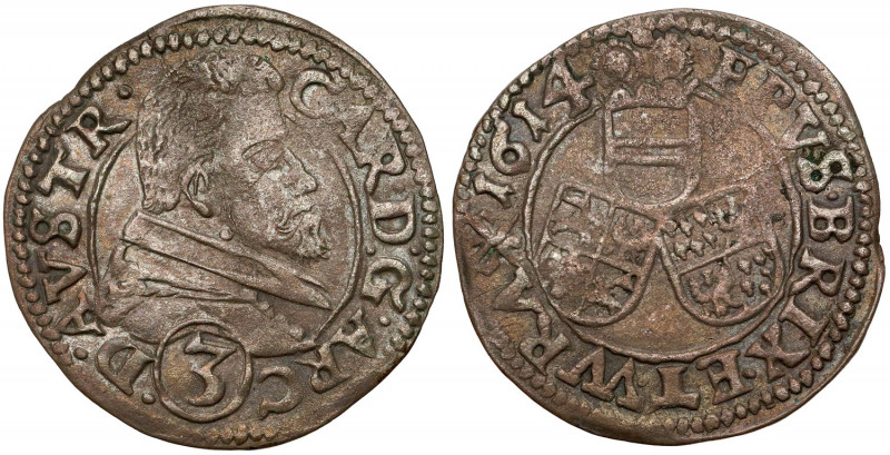 Śląsk, Karol Austriacki, 3 krajcary 1614, Nysa Lekko gięty. 
 Rzadki, pierwszy ...