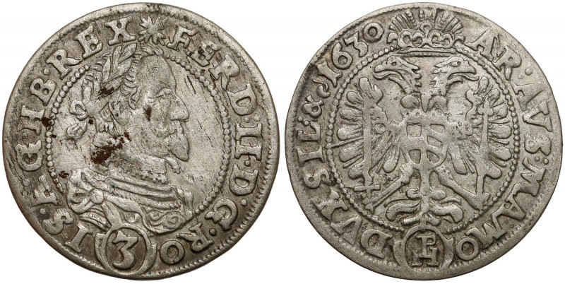 Śląsk, Ferdynand II, 3 krajcary 1630 PH, Kłodzko Ładny. Odmiana z pełnym monogra...