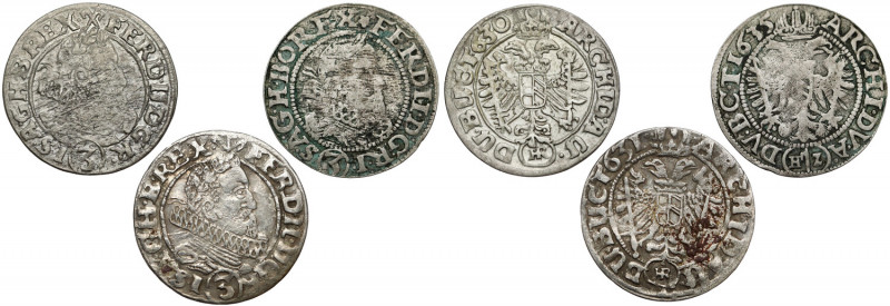 Śląsk, Ferdynand II, 3 krajcary 1630, 1631 i 1635, Wrocław (3szt) W zestawie dwa...