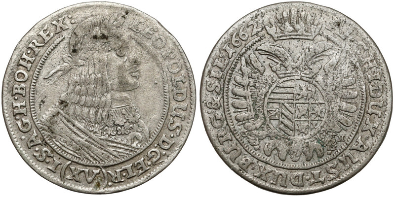 Śląsk, Leopold I, 15 krajcarów 1662 GH, Wrocław - owal Odmiana z tarczą herbową ...