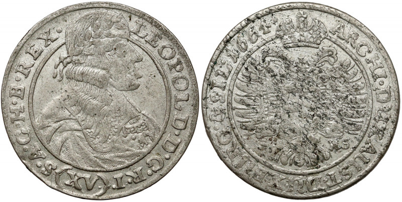 Śląsk, Leopold I, 15 krajcarów 1664 SHS, Wrocław - szerokie Odmiana z szerokim p...