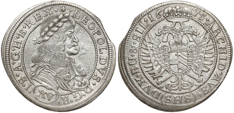 Śląsk, Leopold I, 15 krajcarów 1675 SHS, Wrocław Egzemplarz z końcówki blachy. ...