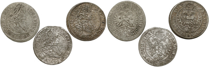 Śląsk, Józef I, 3 krajcary 1706-1709, zestaw (3szt) W zestawie Wrocław 1706 i 17...