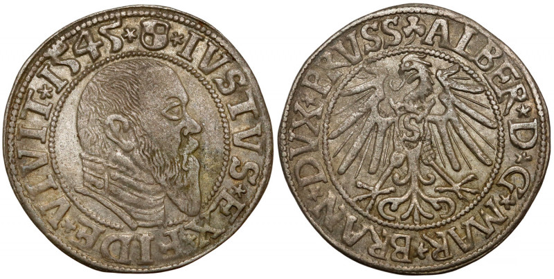 Prusy, Albrecht Hohenzollern, Grosz Królewiec 1545 Typ z portretem z wysokim koł...