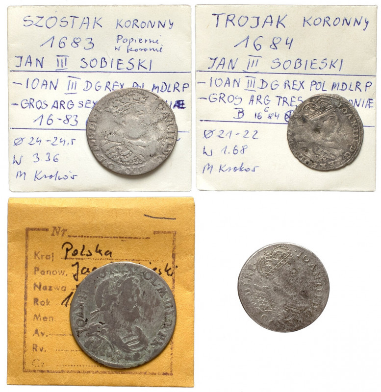 Jan III Sobieski, Ort, szóstaki i trojak 1678-85 - rzadkie - (4szt) Bardzo treśc...