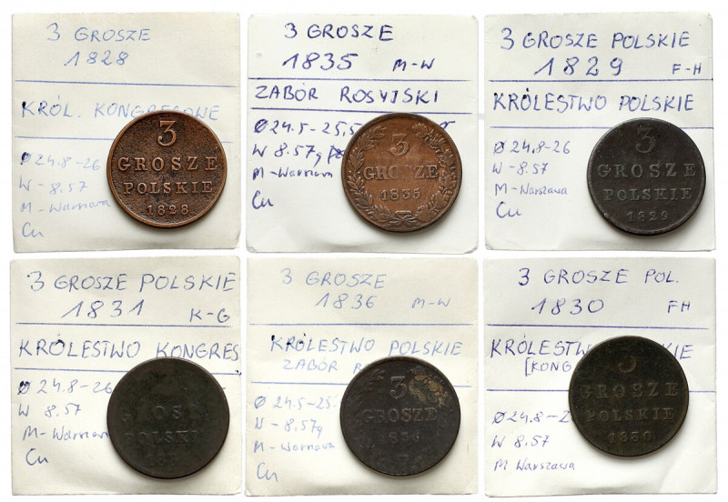 Królestwo Polskie, 3 grosze 1828-1836, zestaw (6szt) Oryginalne bicia, nie zaś p...