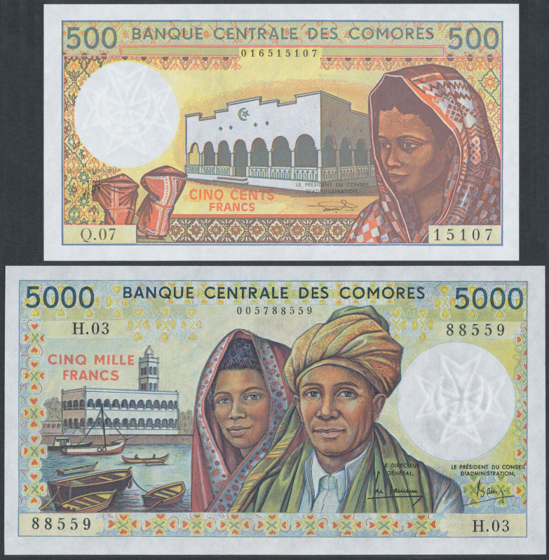 Comoros, 500 & 5.000 Francs (1984-94) - set of 2 pcs 5.000 st.2+ (wzdłużna zmars...