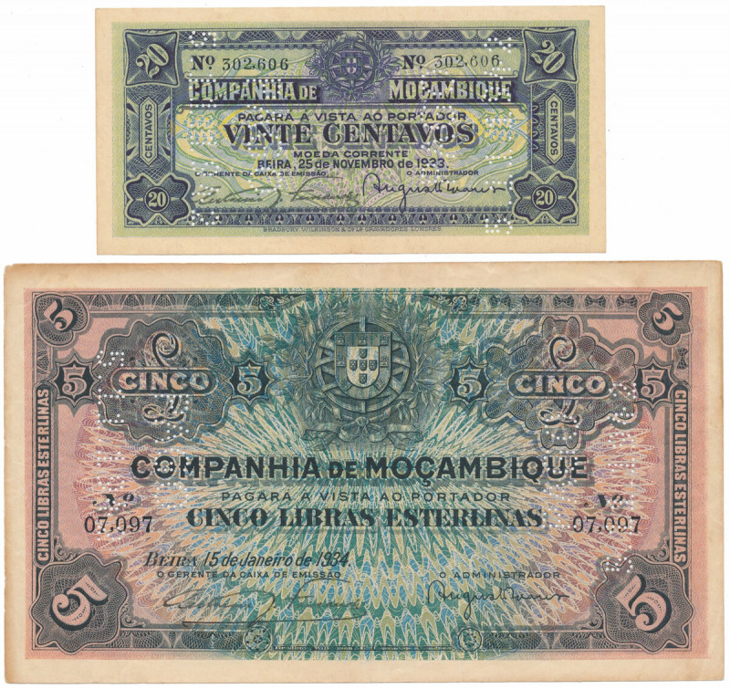 Mozambique, 20 Centavos i 5 Libras 1933-34 (2pcs) Wyższy nominał w słabszym stan...