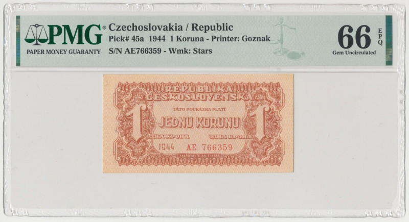 Czechoslovakia, 1 Koruna 1944 Reference: Pick 45a
Grade: PMG 66 EPQ 

Czechos...