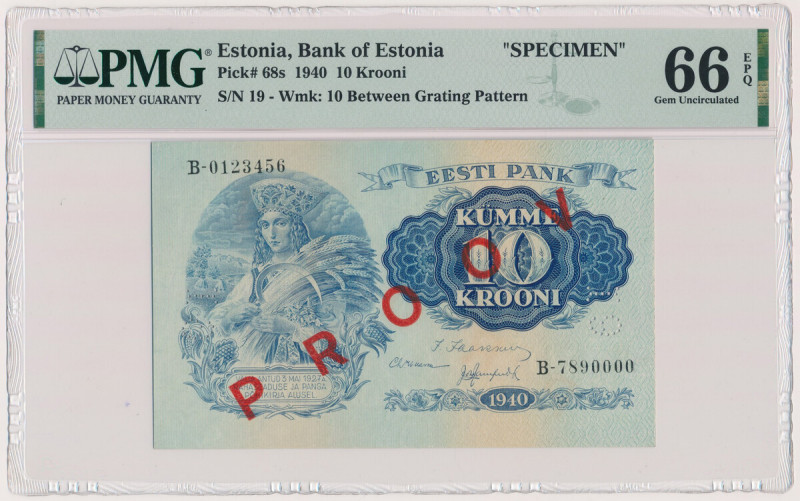 Estonia, 10 Krooni 1940 SPECIMEN Reference: Pick 68s
Grade: PMG 66 EPQ 

Esto...