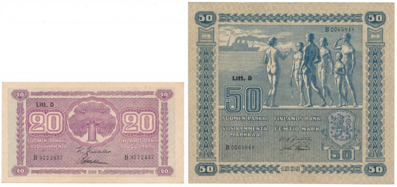 Finland, 20 & 50 Markkaa 1939 (2pcs) 20 markkaa st.1-, 50 markkaa st.2 Reference...