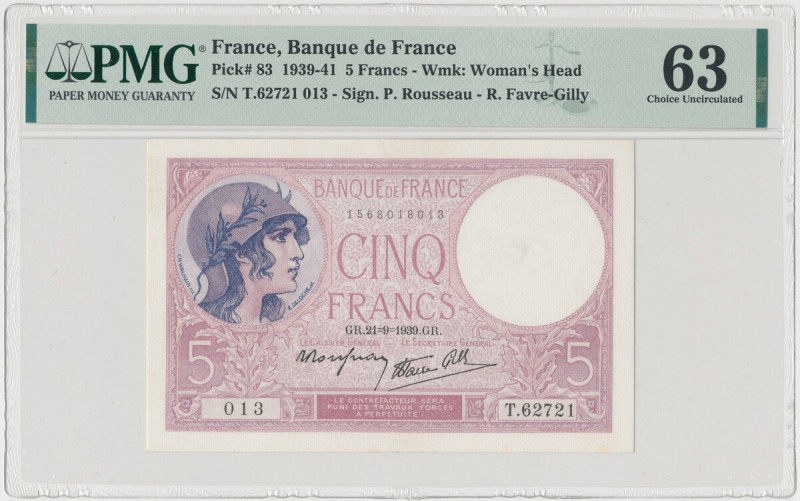 France, 5 Francs 1939 Reference: Pick 83
Grade: PMG 63 

France / Frankreich