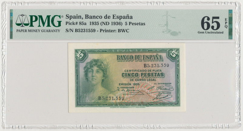 Spain, 5 Pesetas 1935 Reference: Pick 85a
Grade: PMG 65 EPQ