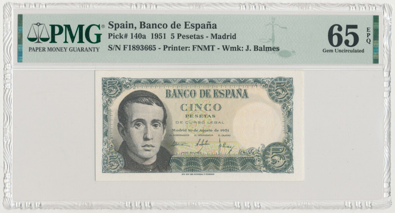 Spain, 5 Pesetas 1951 Reference: Pick 140a
Grade: PMG 65 EPQ