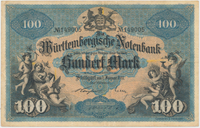 Germany, Stuttgart, 100 Mark 1911 Reference: Rosenberg WTB10, Pick S979c
Grade:...