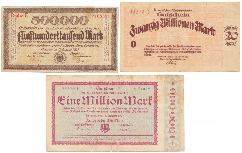 Germany, Deutsche Reichsbahn, 500.000 mk, 1 & 20 mln mk 1923 (3pcs) 
Grade: F-V...