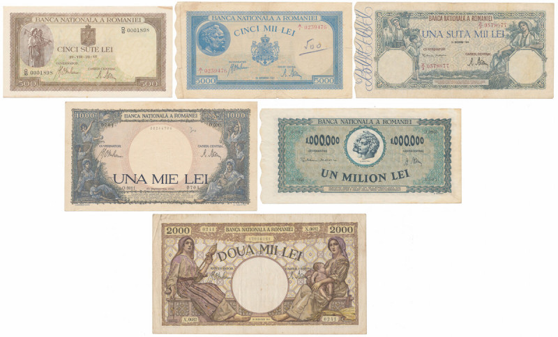 Rumania, set of banknotes (6pcs) 500 lei 1941 w st.2+, 5 tys i 100 tys lei w st....