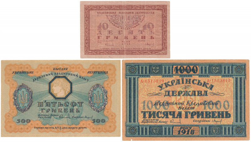 Ukraine, 10, 500 and 1.000 Hryven 1918 (3pcs)
Украина, 10, 500 и 1.000 гривень ...